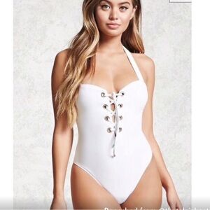 Forever 21 White Lace-Up One Piece Swimsuit